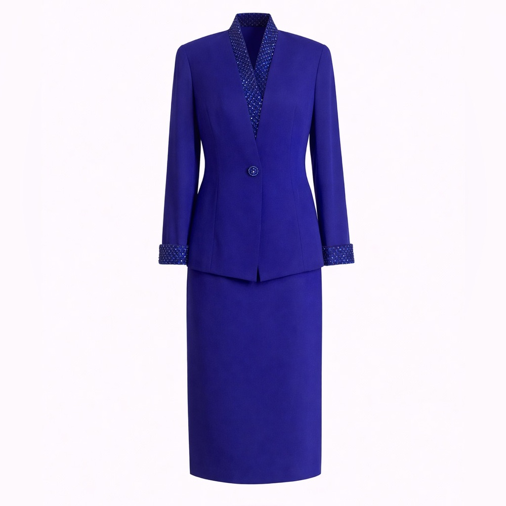 Daymor Couture Formal Set – Royal Blue Beaded Jacket & Skirt (NWT) — VINTAGE